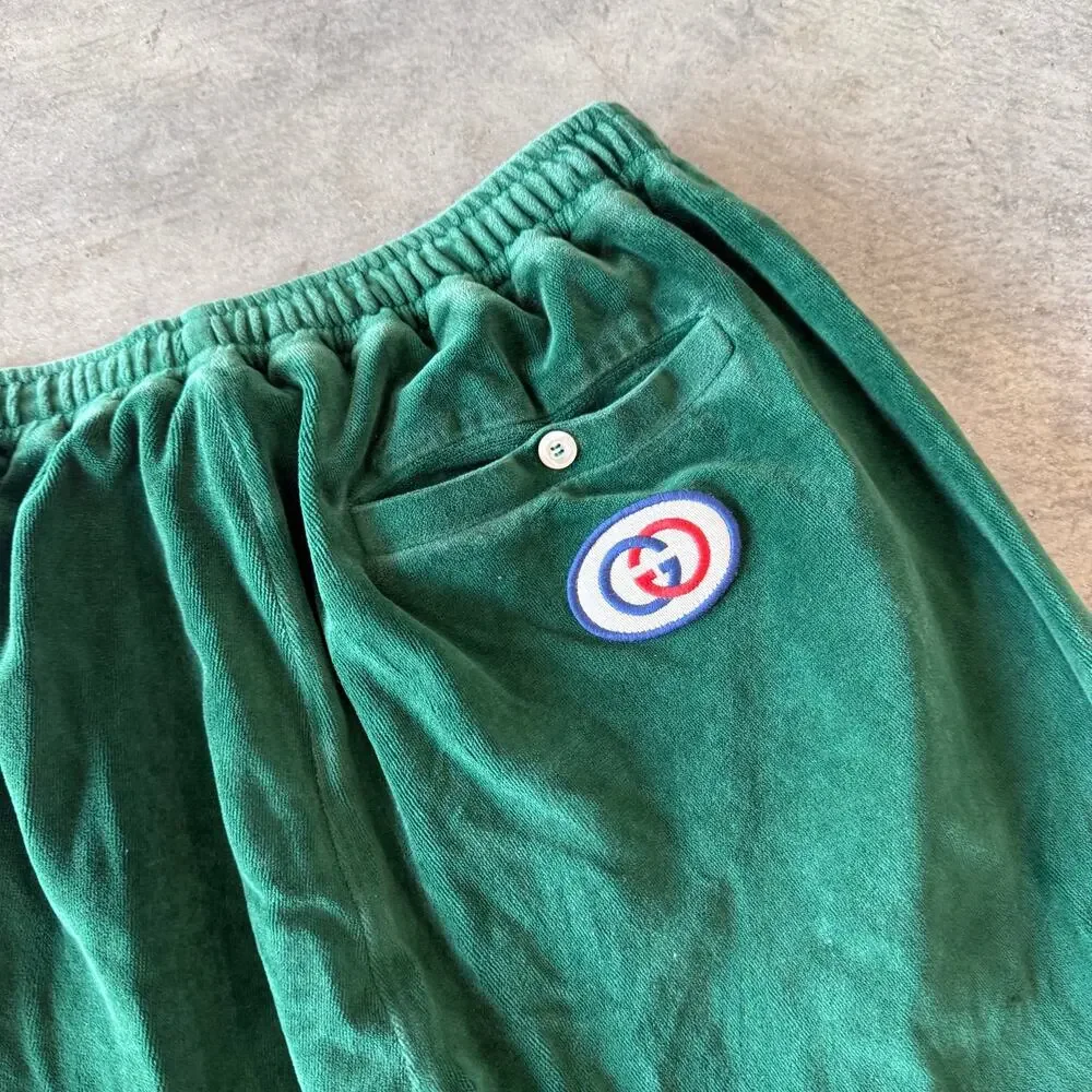 Gucci Mens Green Velour GG Interlocking Logo Patch Sweatpants Size S